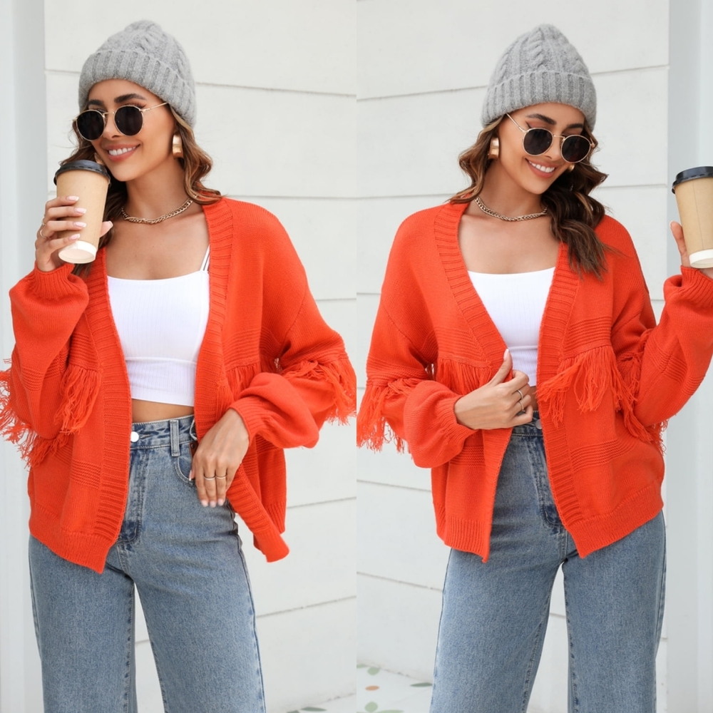 Fringe Trim Open Front Cardigan - Red Orange